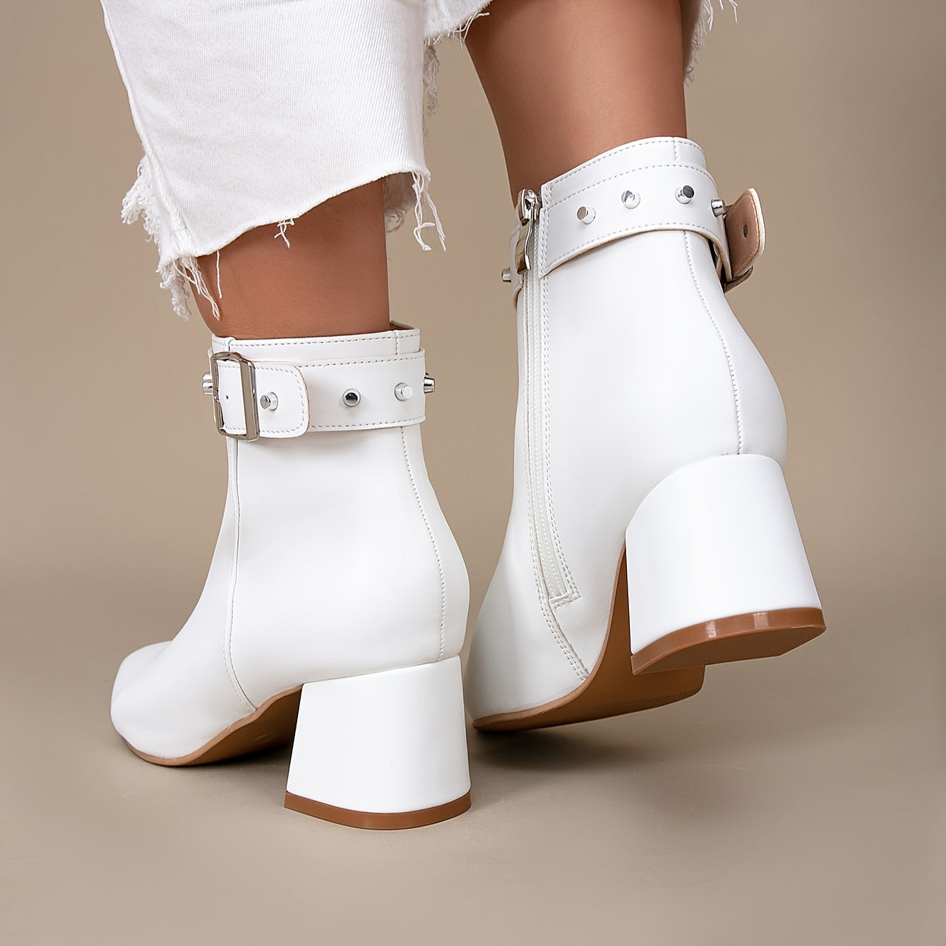 VougeVamp White Chunky Heel Short Boots – Pointed Toe High Heels with Rivet Belt Buckle for Trendy Autumn & Winter Fashion - VougeVampUK