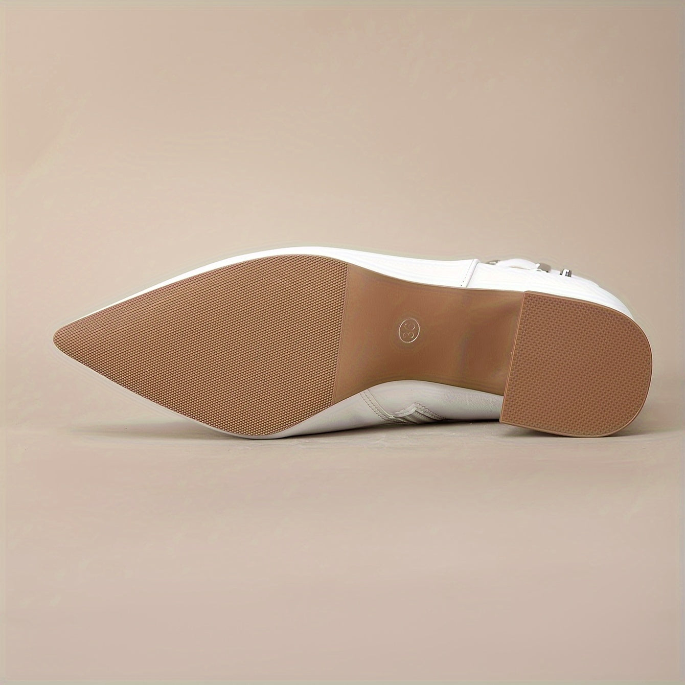 VougeVamp White Chunky Heel Short Boots – Pointed Toe High Heels with Rivet Belt Buckle for Trendy Autumn & Winter Fashion - VougeVampUK