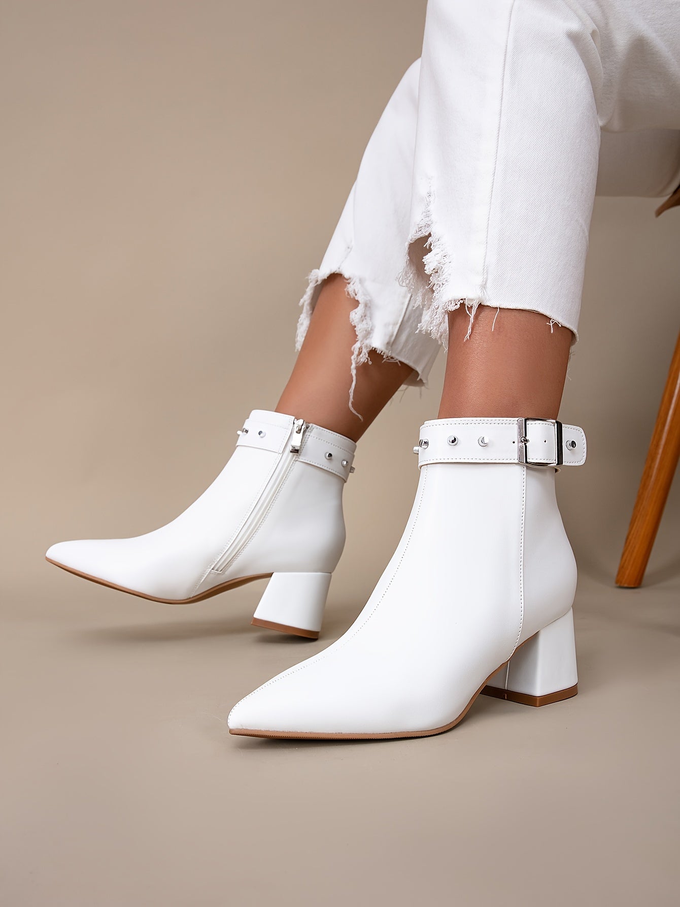 VougeVamp White Chunky Heel Short Boots – Pointed Toe High Heels with Rivet Belt Buckle for Trendy Autumn & Winter Fashion - VougeVampUK