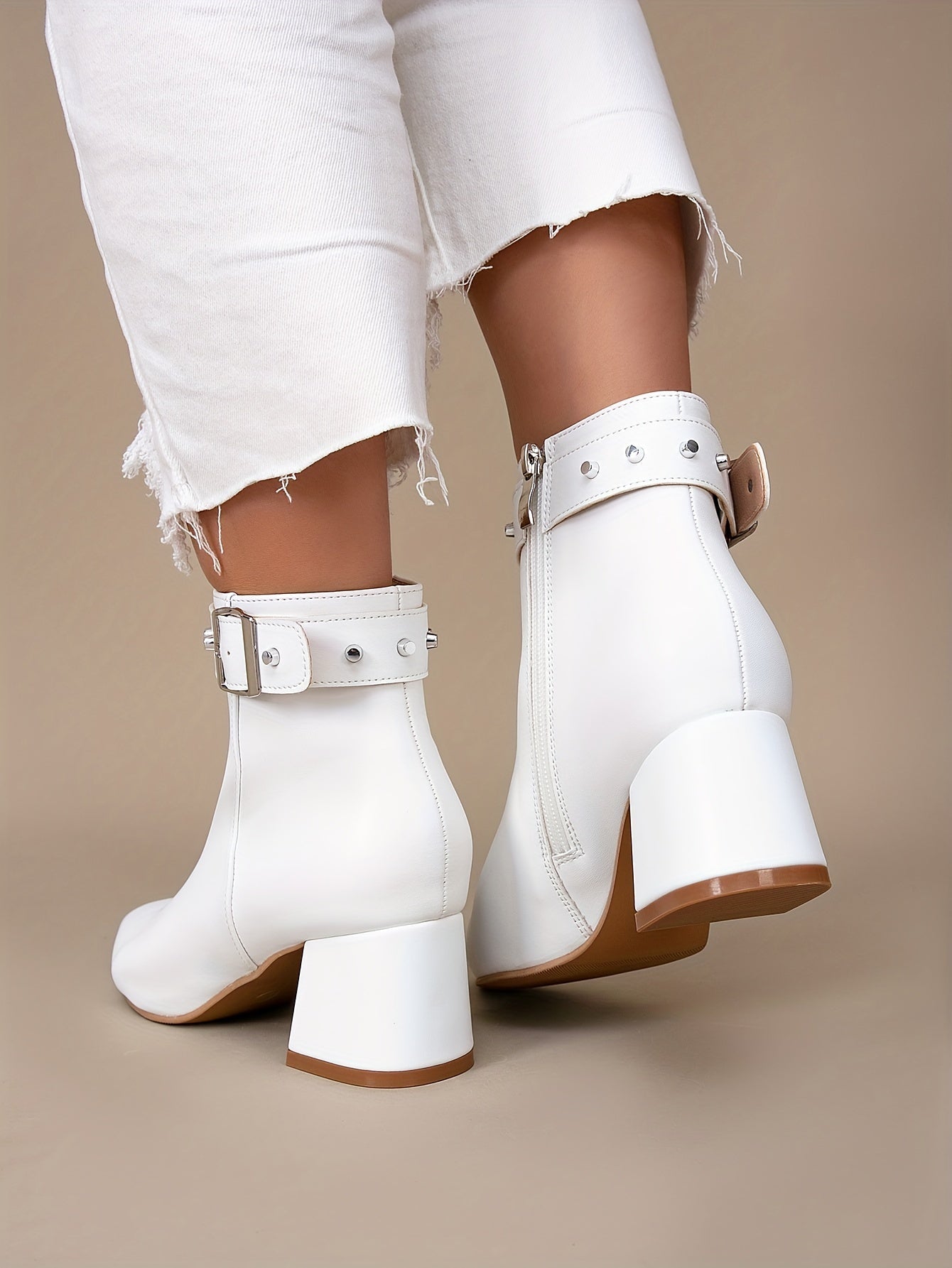 VougeVamp White Chunky Heel Short Boots – Pointed Toe High Heels with Rivet Belt Buckle for Trendy Autumn & Winter Fashion - VougeVampUK