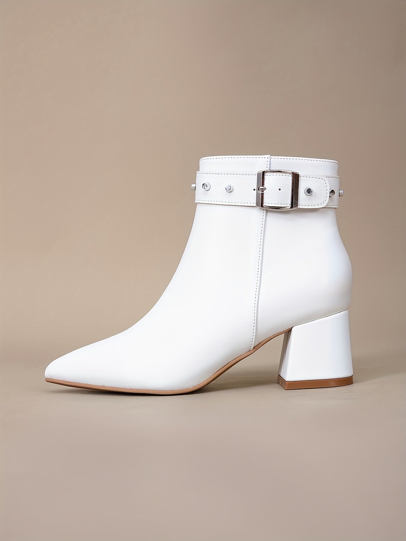 VougeVamp White Chunky Heel Short Boots – Pointed Toe High Heels with Rivet Belt Buckle for Trendy Autumn & Winter Fashion - VougeVampUK
