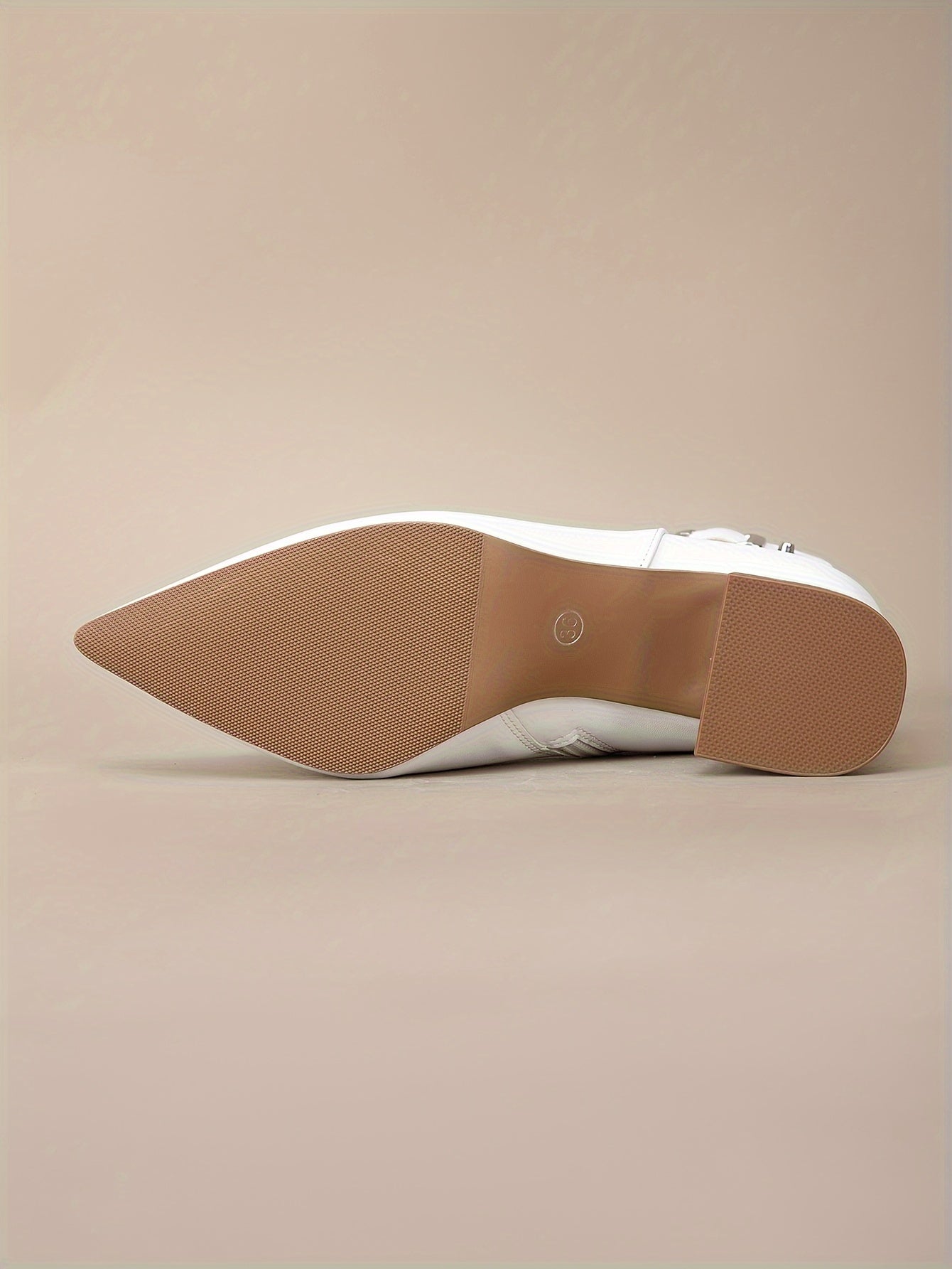 VougeVamp White Chunky Heel Short Boots – Pointed Toe High Heels with Rivet Belt Buckle for Trendy Autumn & Winter Fashion - VougeVampUK