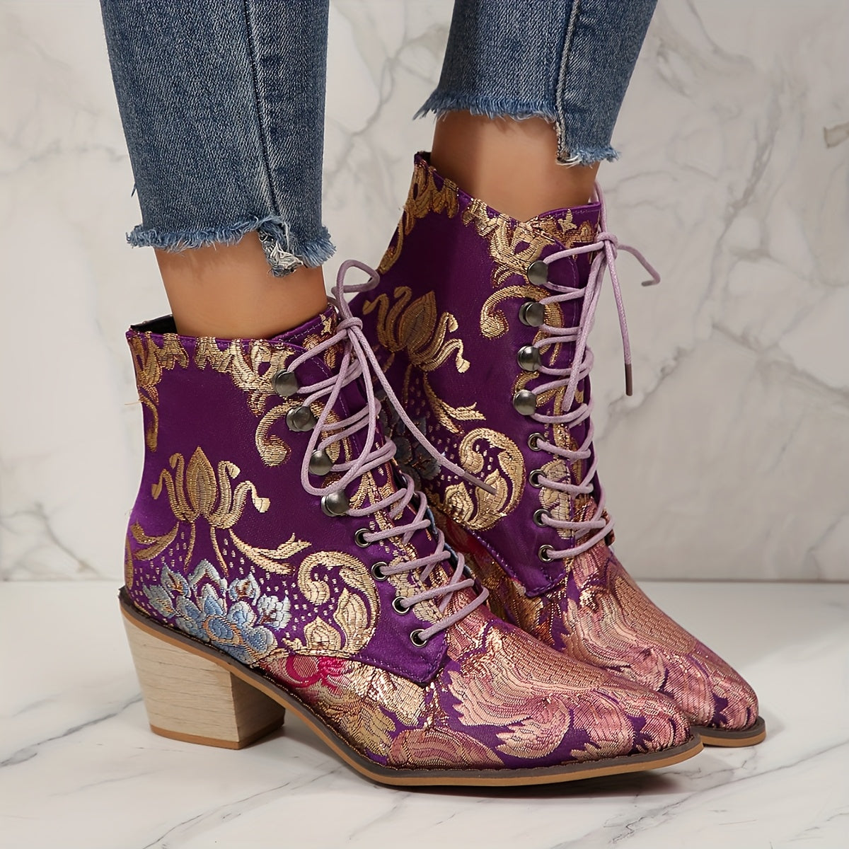 VougeVamp Floral Embroidered Lace-Up Ankle Booties – Pointed Toe High Block Heel for Elegant Style - VougeVampUK