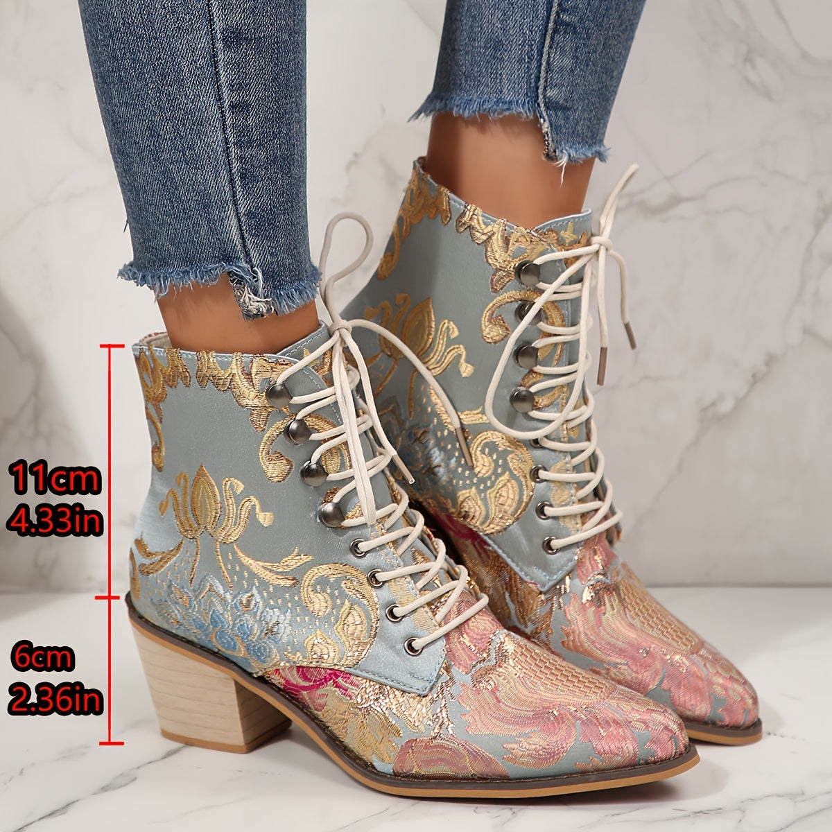 VougeVamp Floral Embroidered Lace-Up Ankle Booties – Pointed Toe High Block Heel for Elegant Style - VougeVampUK