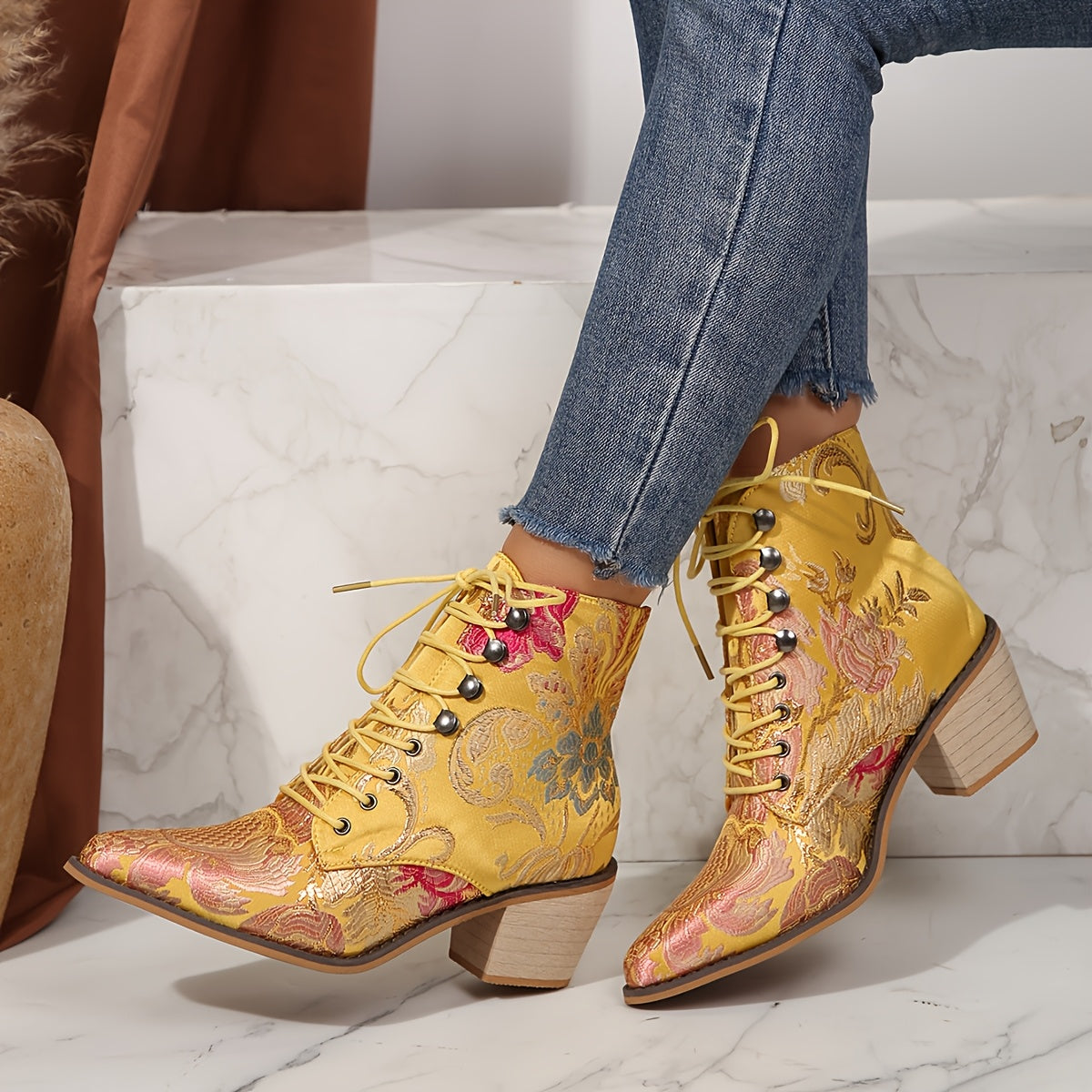 VougeVamp Floral Embroidered Lace-Up Ankle Booties – Pointed Toe High Block Heel for Elegant Style - VougeVampUK