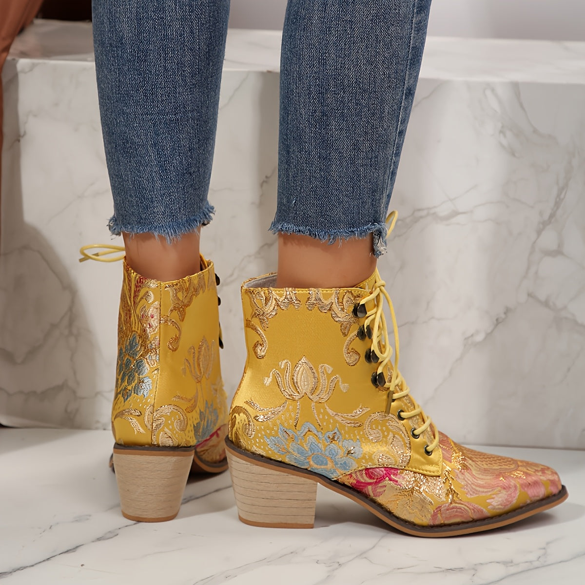 VougeVamp Floral Embroidered Lace-Up Ankle Booties – Pointed Toe High Block Heel for Elegant Style - VougeVampUK