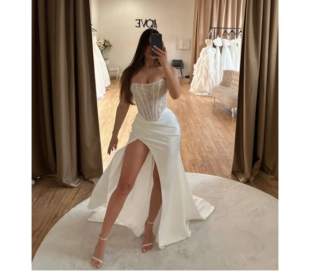 VougeVamp Customized White Glitter Side-Slit Prom Dress - Strapless Satin Floor-Length Gown