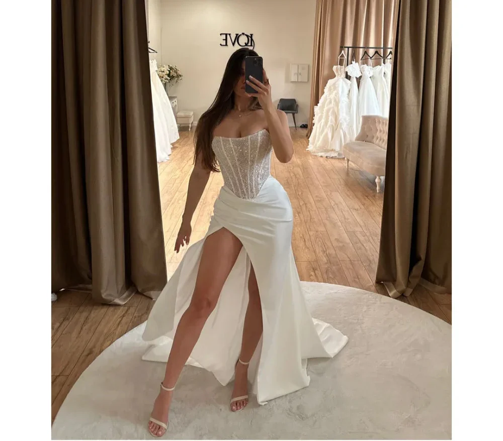 VougeVamp Customized White Glitter Side-Slit Prom Dress - Strapless Satin Floor-Length Gown