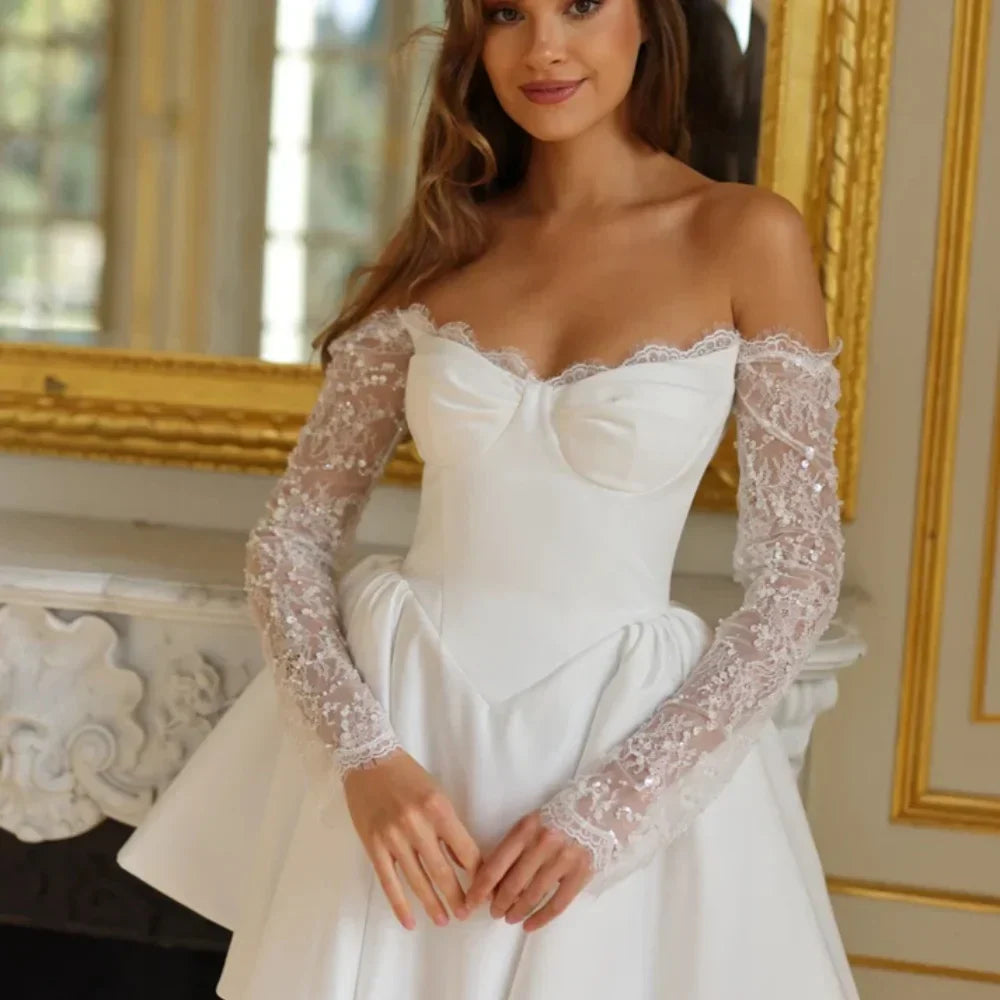 VougeVamp Customized White Lace Long-Sleeve Prom Dress - Strapless Short Satin Skirt Evening Gown