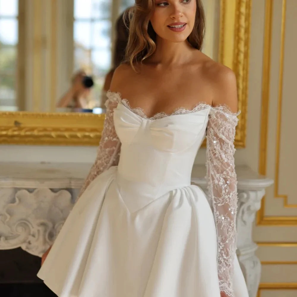 VougeVamp Customized White Lace Long-Sleeve Prom Dress - Strapless Short Satin Skirt Evening Gown