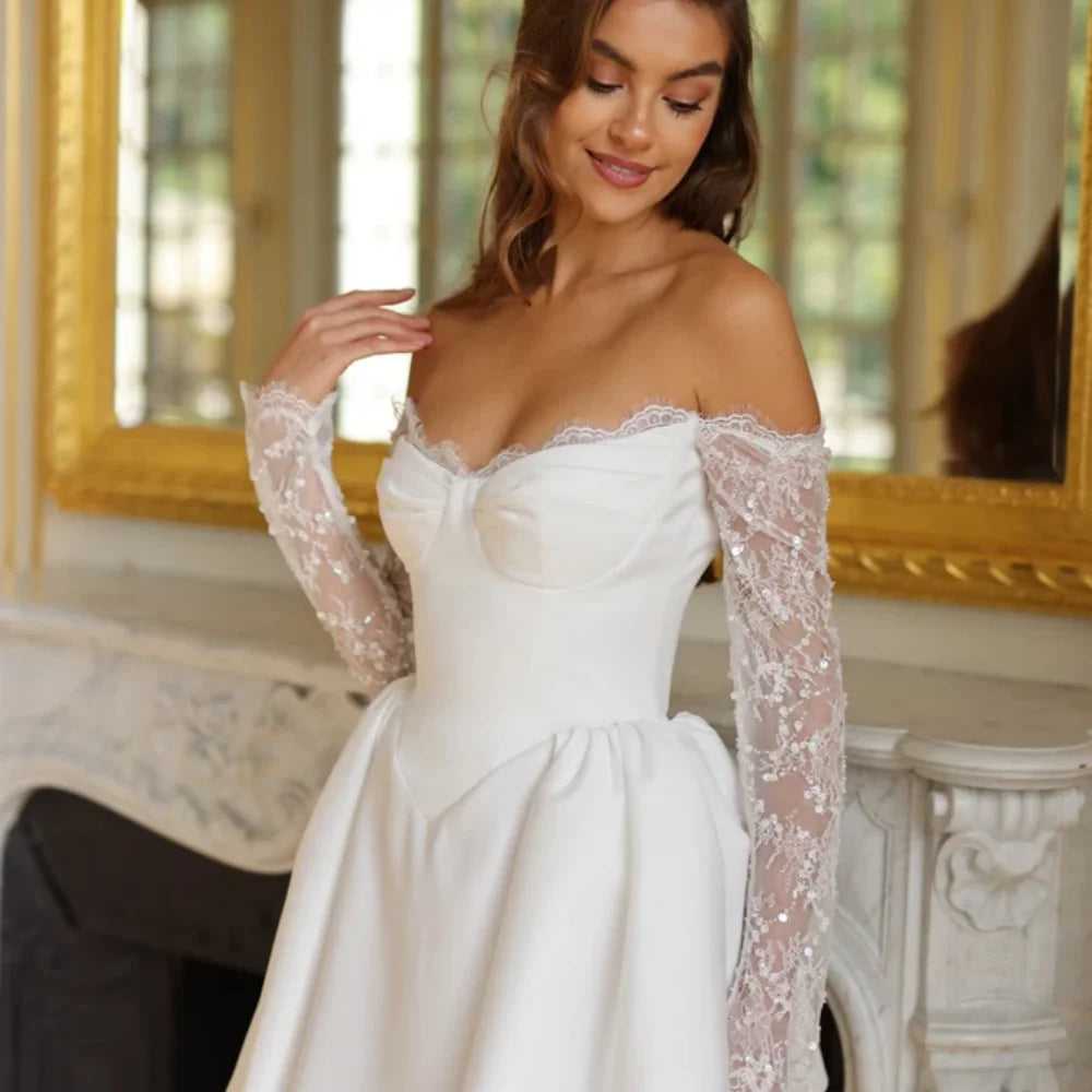 VougeVamp Customized White Lace Long-Sleeve Prom Dress - Strapless Short Satin Skirt Evening Gown