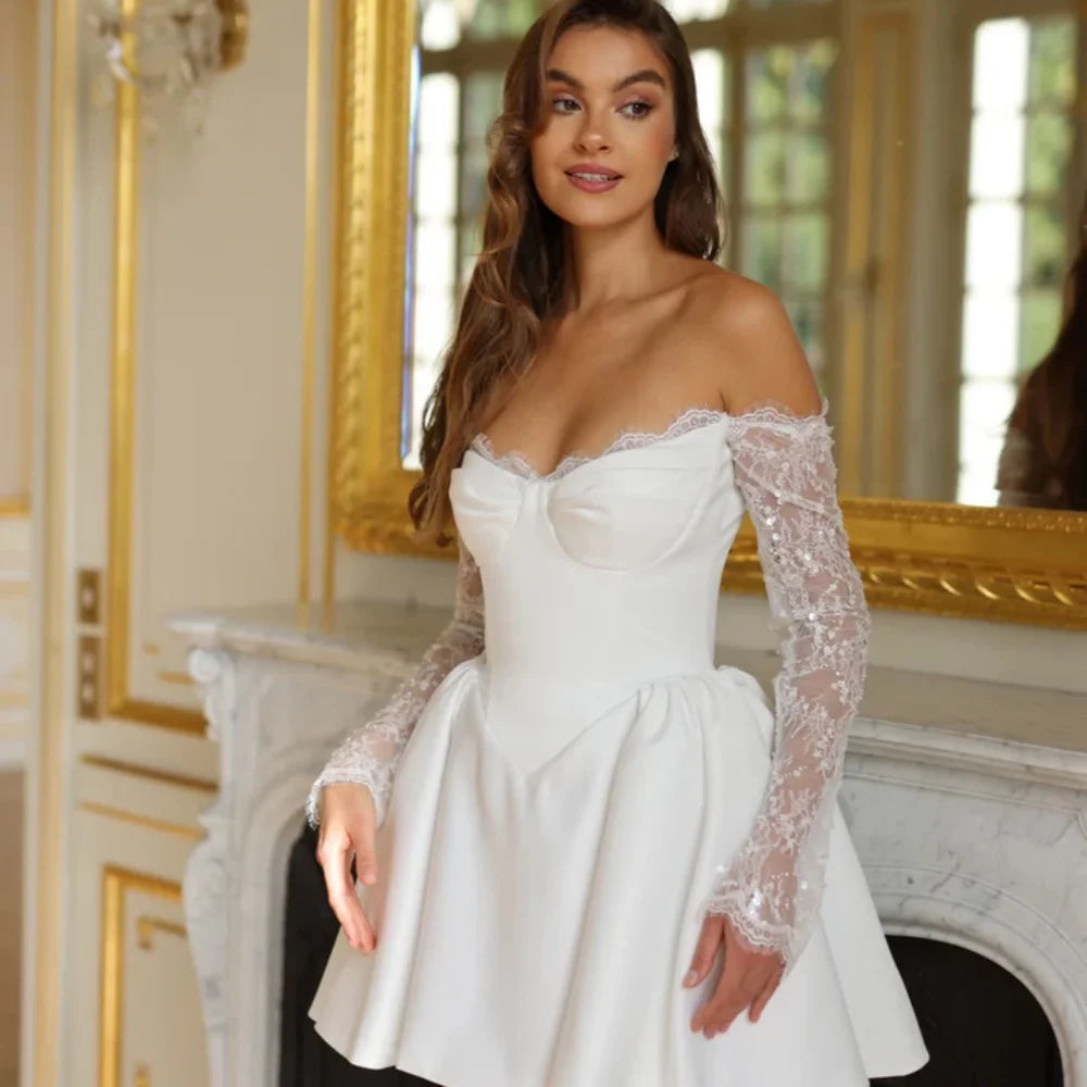 VougeVamp Customized White Lace Long-Sleeve Prom Dress - Strapless Short Satin Skirt Evening Gown