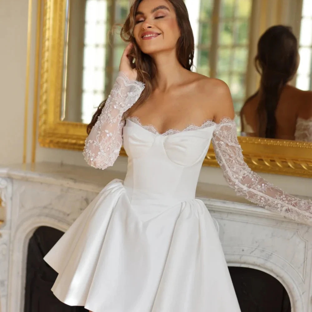 VougeVamp Customized White Lace Long-Sleeve Prom Dress - Strapless Short Satin Skirt Evening Gown