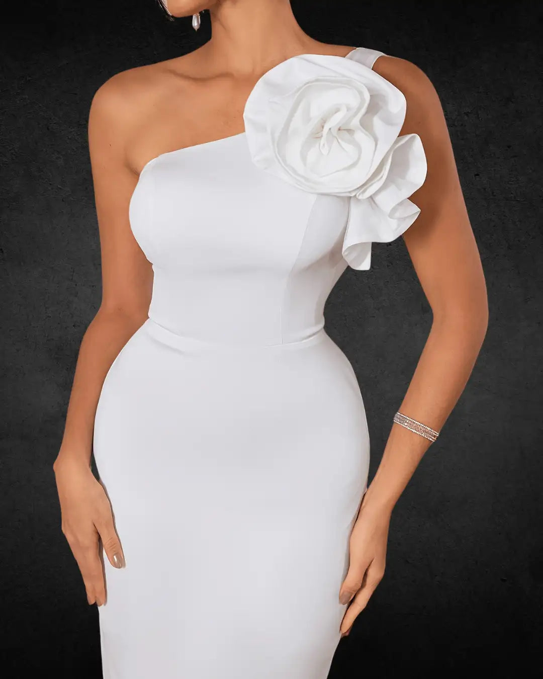Designer One-Shoulder Bodycon Bridal Dress with Zipper Detail, Solid Color, Polyester-Elastane Blend