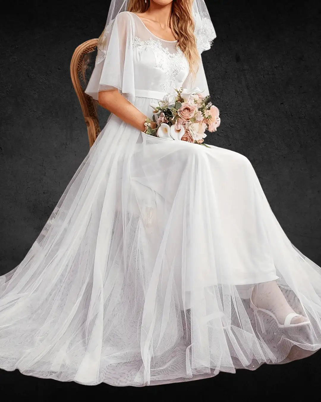 Designer Women's Beaded Mesh Wedding Dress with Embroidered Details, Round Neckline Bridal Gown - VougeVampUK