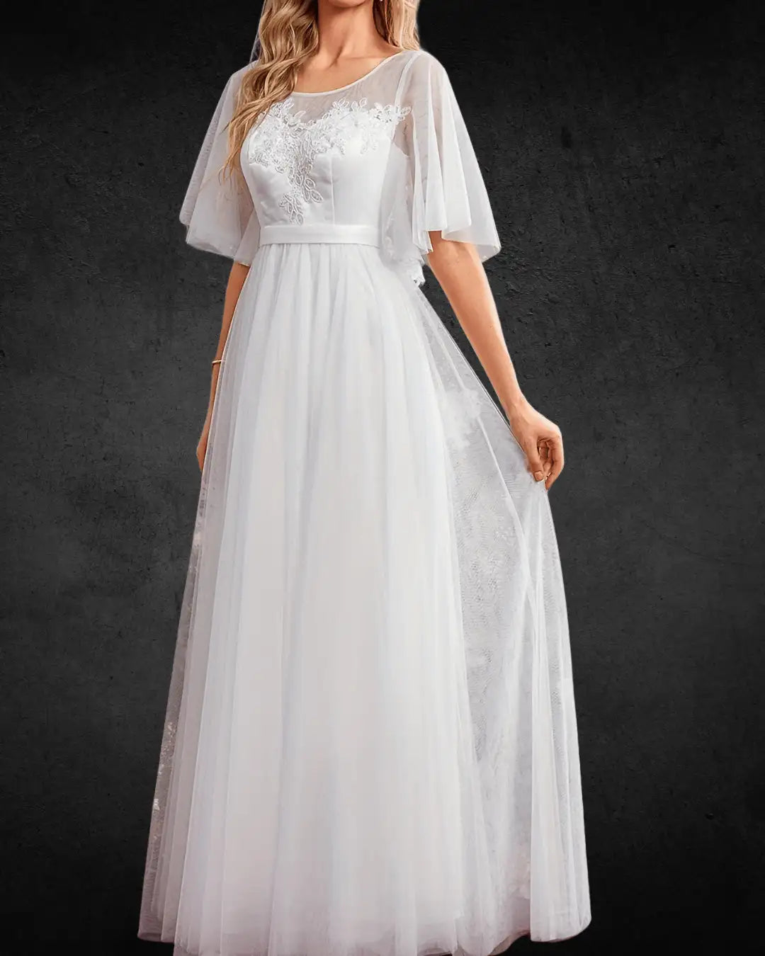 Designer Women's Beaded Mesh Wedding Dress with Embroidered Details, Round Neckline Bridal Gown - VougeVampUK