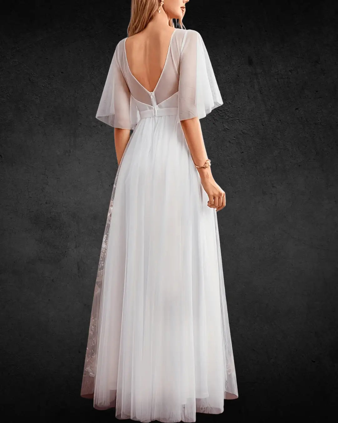 Designer Women's Beaded Mesh Wedding Dress with Embroidered Details, Round Neckline Bridal Gown - VougeVampUK