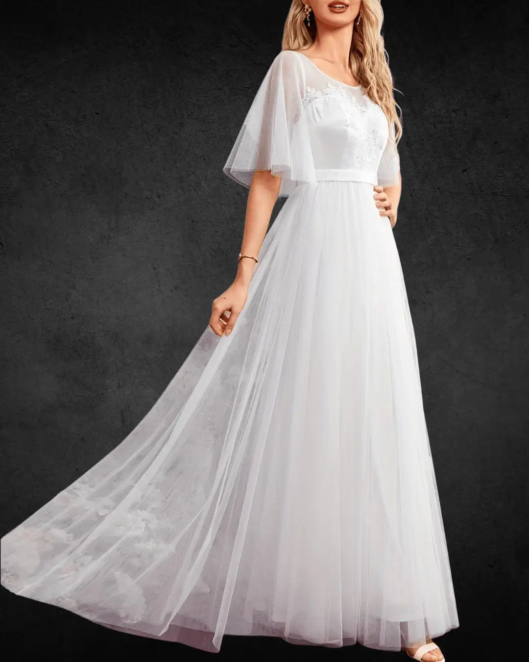 Designer Women's Beaded Mesh Wedding Dress with Embroidered Details, Round Neckline Bridal Gown - VougeVampUK