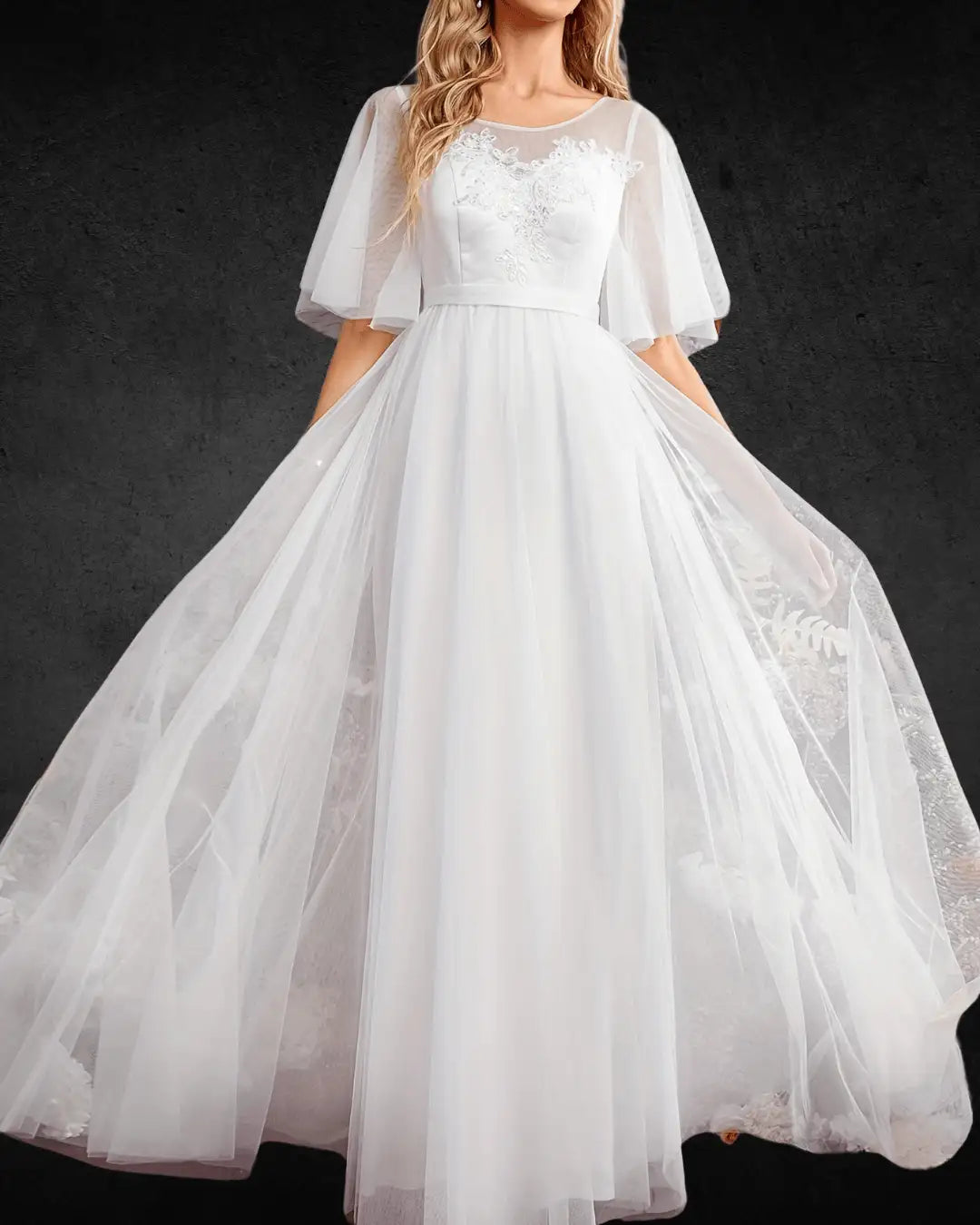 Designer Women's Beaded Mesh Wedding Dress with Embroidered Details, Round Neckline Bridal Gown - VougeVampUK