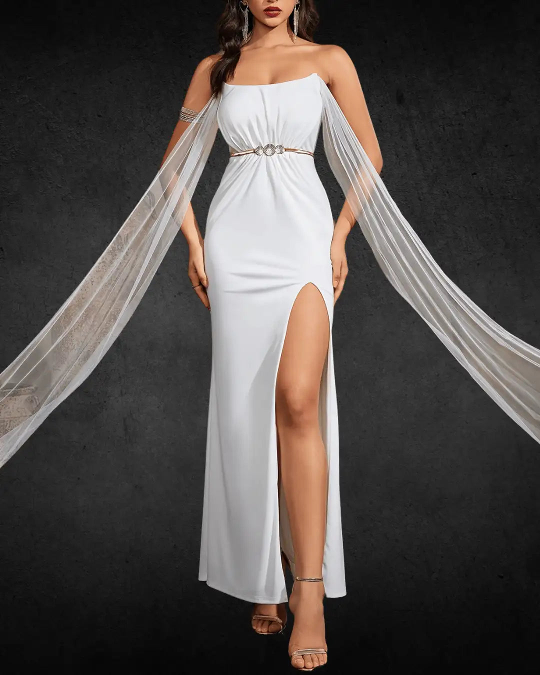 Designer Off-Shoulder Bodycon Bridal Dress with Belt – Split Detail, Stretchy Polyester Blend, Non-Sheer, Perfect for Brides