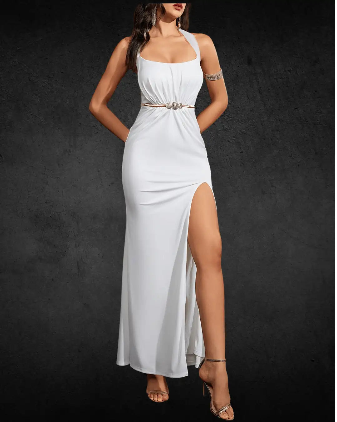 Designer Off-Shoulder Bodycon Bridal Dress with Belt – Split Detail, Stretchy Polyester Blend, Non-Sheer, Perfect for Brides