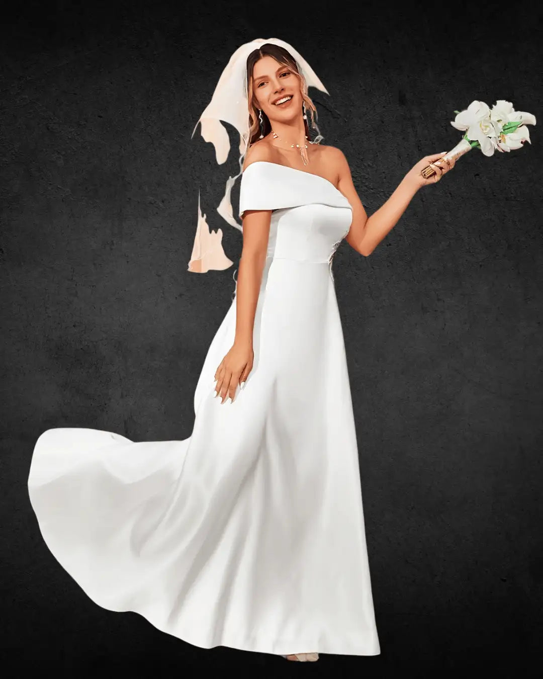 Elegant Off-Shoulder Wedding Dress with Beaded Waist – Fitted Long Bridal Gown with Zipper Detail - VougeVampUK