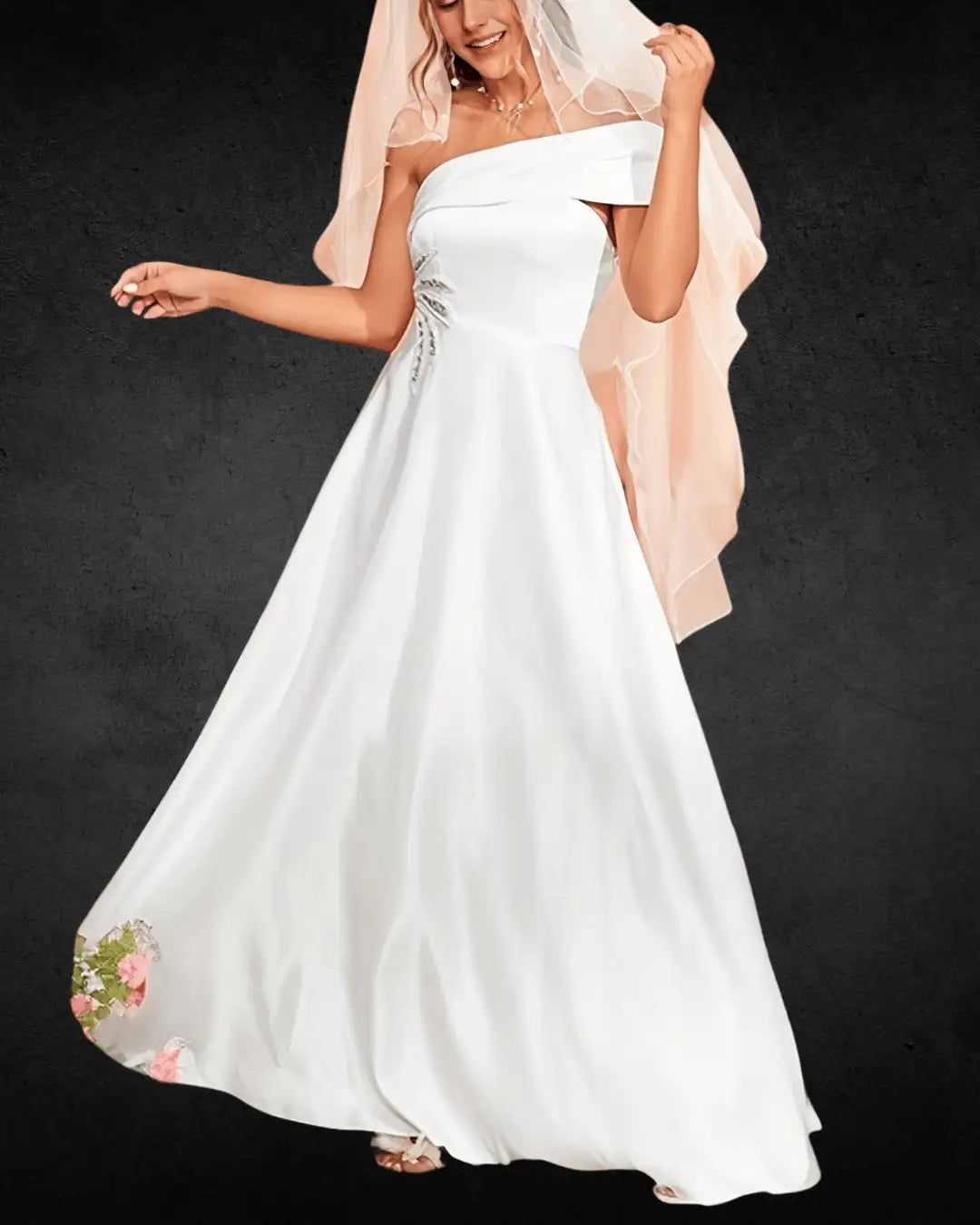 Elegant Off-Shoulder Wedding Dress with Beaded Waist – Fitted Long Bridal Gown with Zipper Detail - VougeVampUK