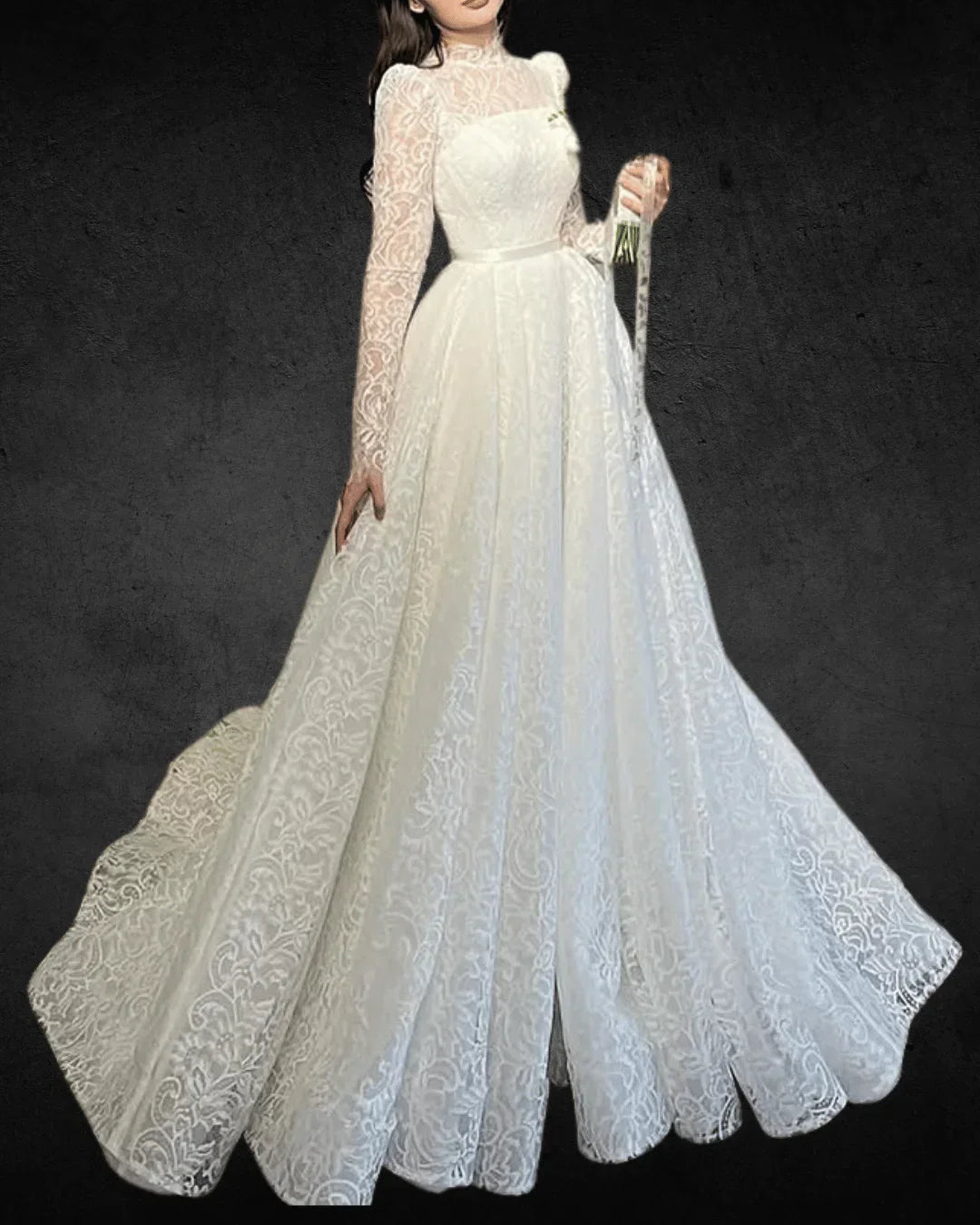 VougeVamp Lace A-Line Wedding Dress – High Neck, Full Sleeves, Modest Bridal Gown with Glitter for Formal Events and Customized Fit