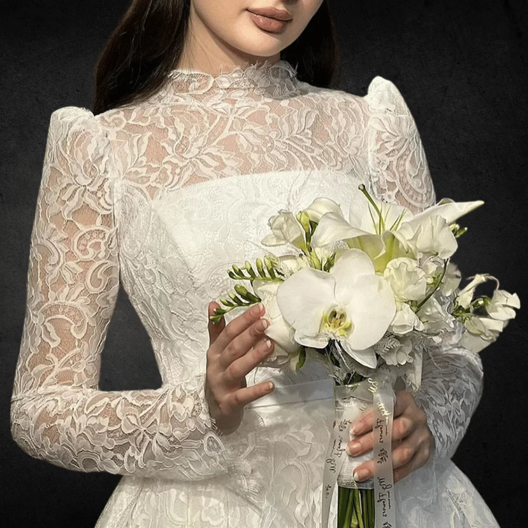 VougeVamp Lace A-Line Wedding Dress – High Neck, Full Sleeves, Modest Bridal Gown with Glitter for Formal Events and Customized Fit