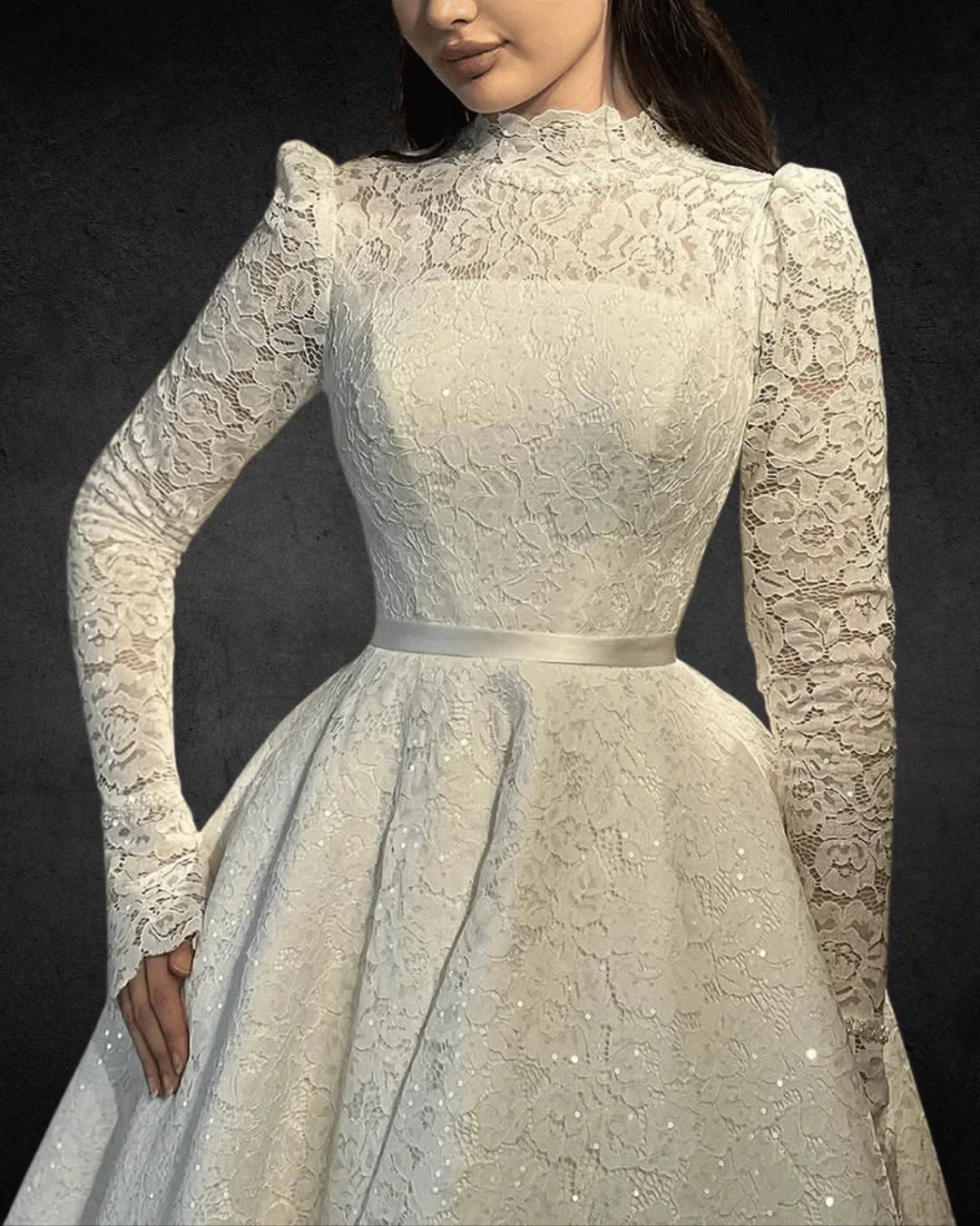 VougeVamp Lace A-Line Wedding Dress – High Neck, Full Sleeves, Modest Bridal Gown with Glitter for Formal Events and Customized Fit