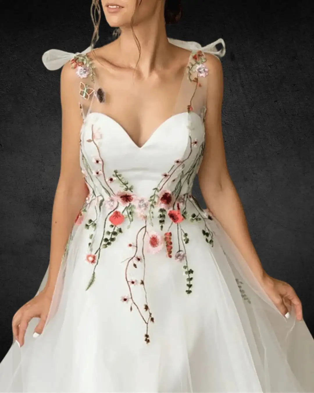 Handmade Designer Sweet Flowers Prom Dress – Spaghetti Straps, White Tulle, Perfect for Formal Occasions & Wedding Parties - VougeVampUK