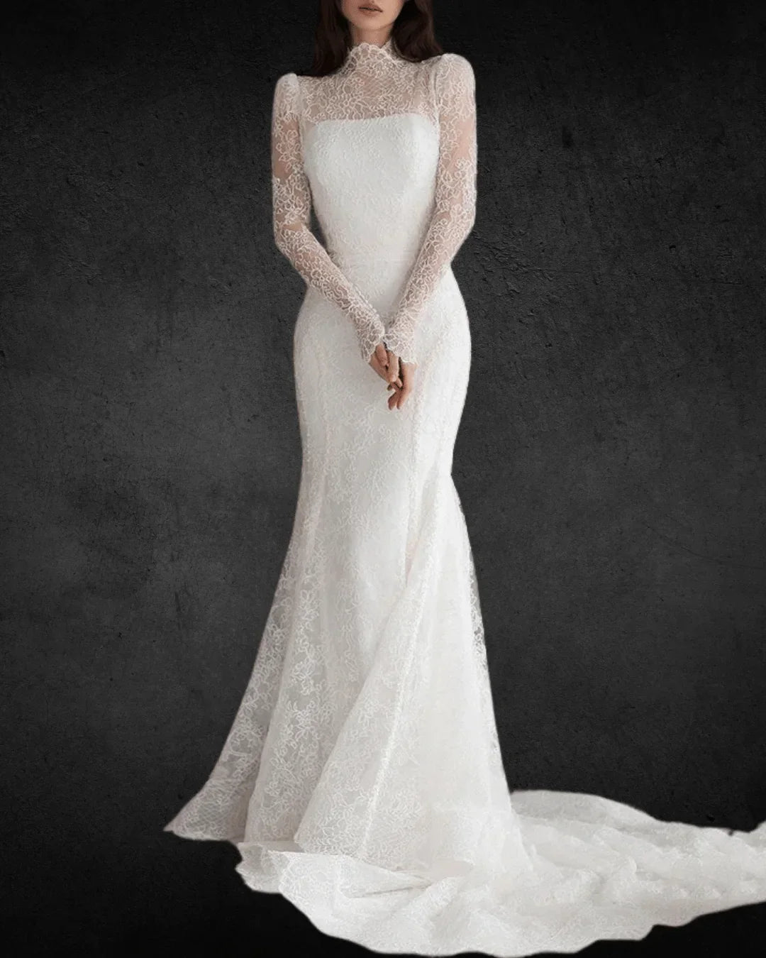 VougeVamp Lace Wedding Dress – High O Neck, Full Sleeves, Mermaid Bridal Gown with Sweep Train for Brides