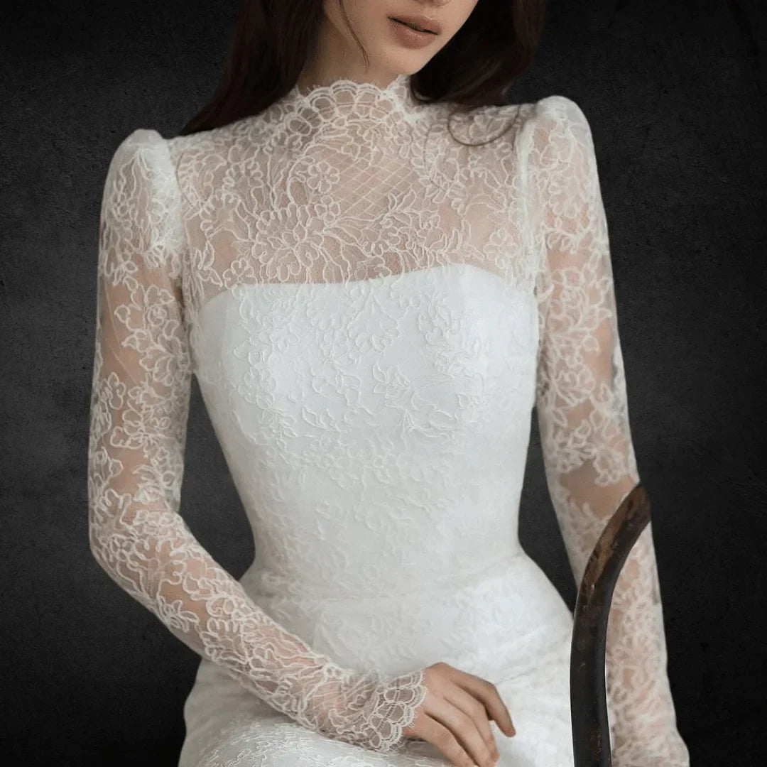 VougeVamp Lace Wedding Dress – High O Neck, Full Sleeves, Mermaid Bridal Gown with Sweep Train for Brides