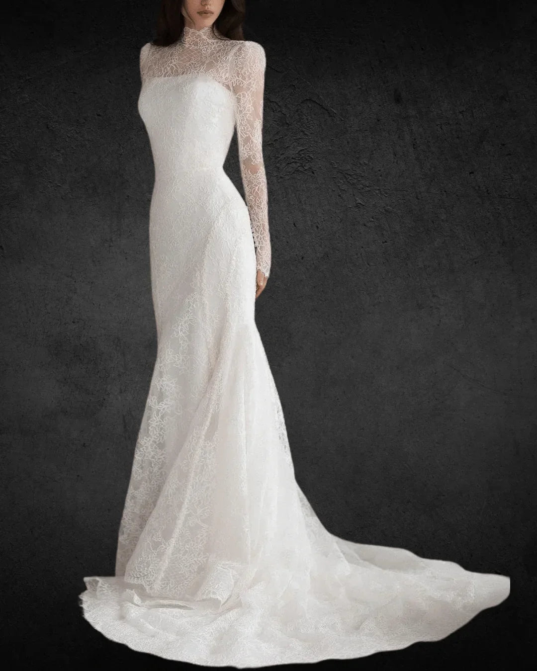 VougeVamp Lace Wedding Dress – High O Neck, Full Sleeves, Mermaid Bridal Gown with Sweep Train for Brides