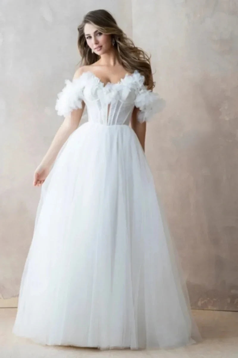 VougeVamp Sweetheart White Bridal Dress - Glitter 3D Flower Tulle Strapless A-Line Gown