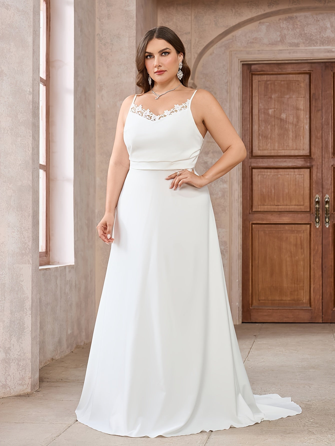VougeVamp Elegant Plus Size White Chiffon Wedding Gown for Women - V-Neck Sleeveless Flowing Lace Detail Dress - VougeVampUK