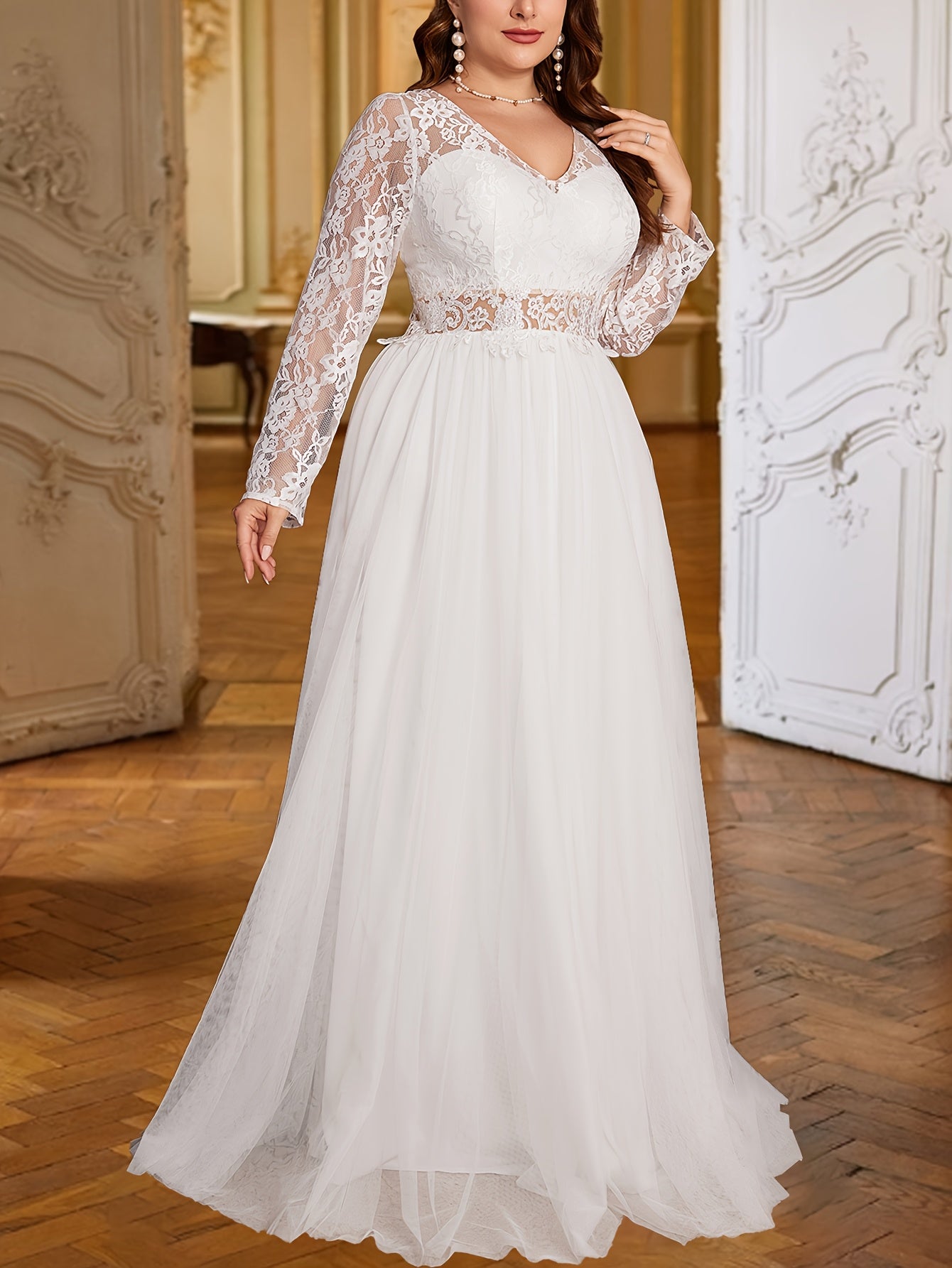 VougeVamp Elegant Plus-Size White Wedding Dress with Lace Sleeves - Sweetheart Neckline Sequin A-Line Gown
