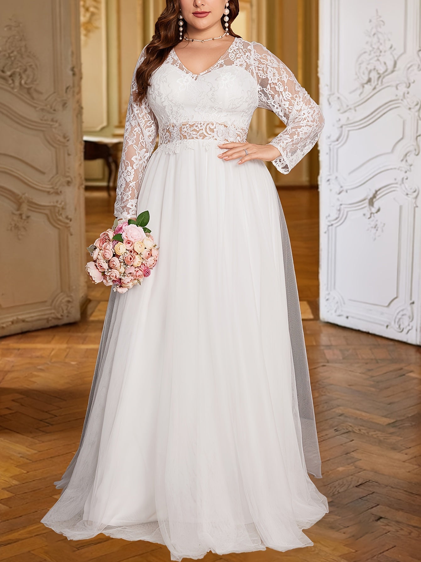 VougeVamp Elegant Plus-Size White Wedding Dress with Lace Sleeves - Sweetheart Neckline Sequin A-Line Gown