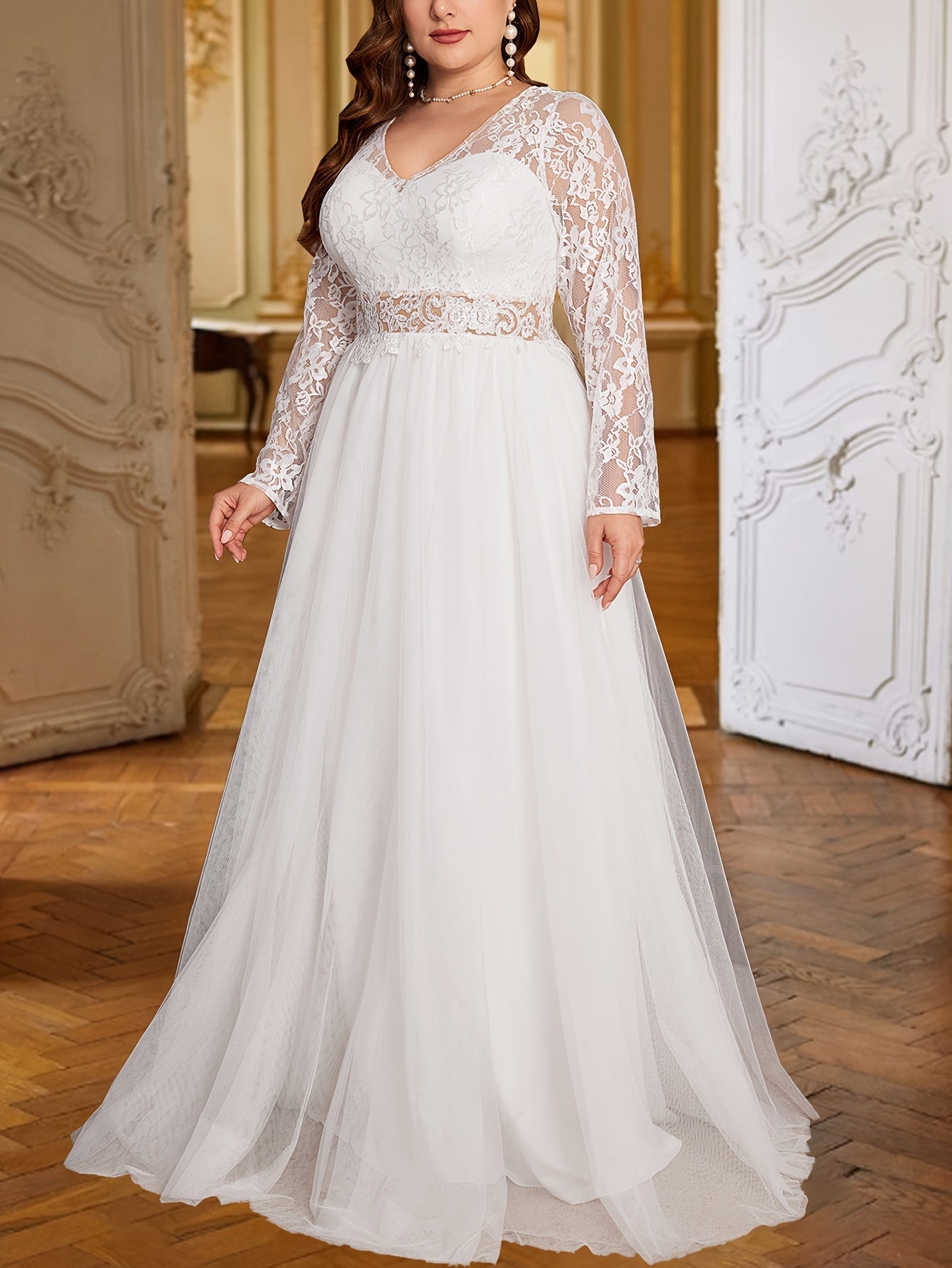 VougeVamp Elegant Plus-Size White Wedding Dress with Lace Sleeves - Sweetheart Neckline Sequin A-Line Gown