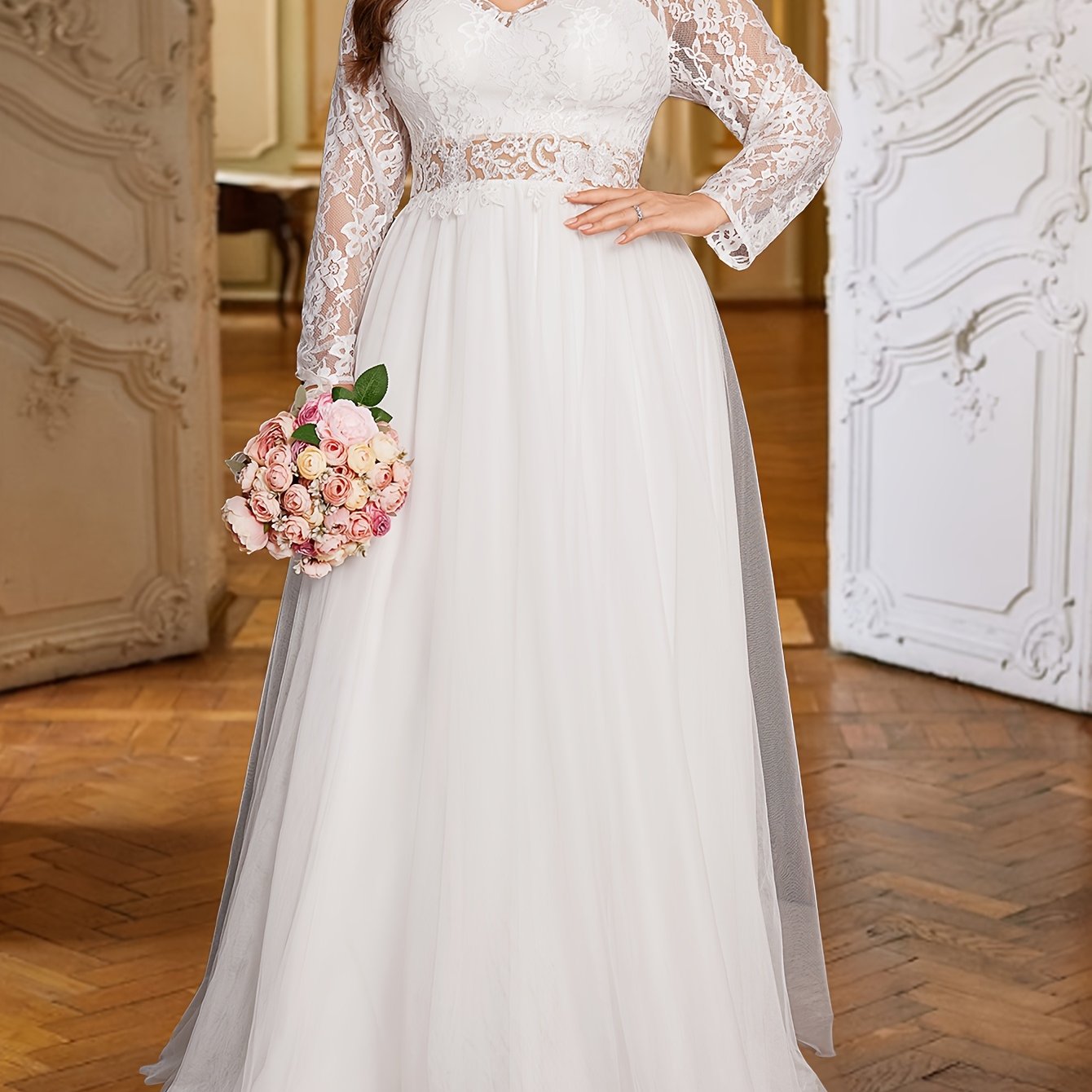 VougeVamp Elegant Plus-Size White Wedding Dress with Lace Sleeves - Sweetheart Neckline Sequin A-Line Gown