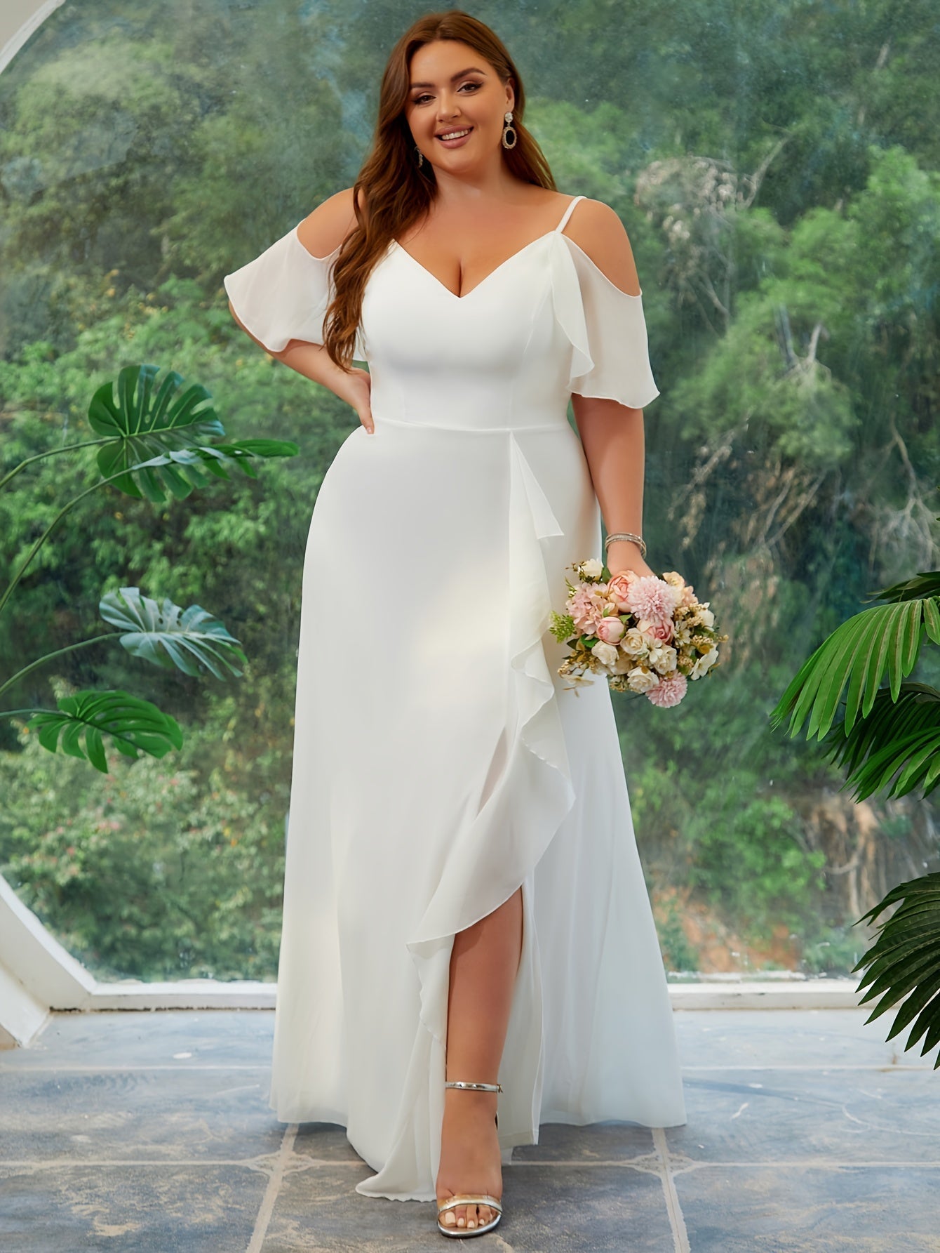 VougeVamp Long Formal Wedding Dress for Plus Size Brides - Elegant V-Neck Chiffon Gown with Ruffle Sleeves - VougeVampUK
