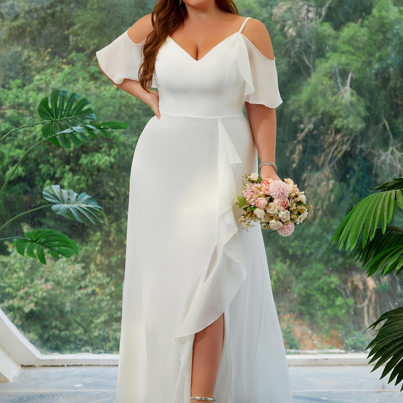 VougeVamp Long Formal Wedding Dress for Plus Size Brides - Elegant V-Neck Chiffon Gown with Ruffle Sleeves - VougeVampUK