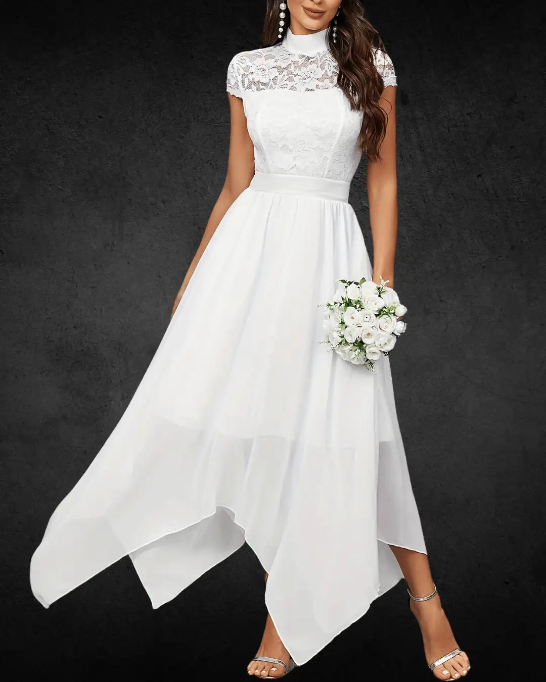 Elegant Chiffon Fitted Crew Neck Solid White Color Non-Stretch Bridal Gown