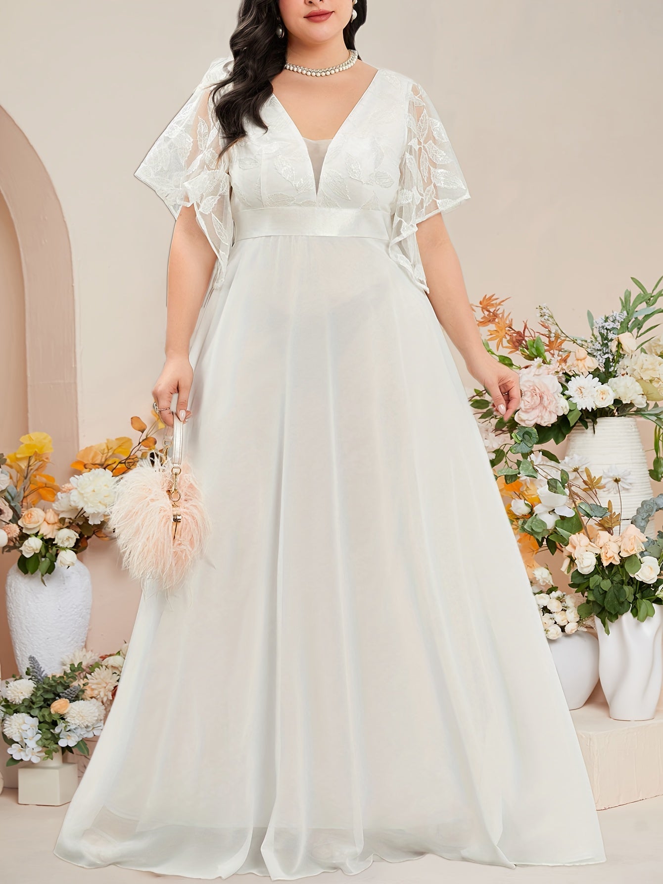VougeVamp Elegant Plus-Size White Chiffon Wedding Gown with Deep V-Neck - Floral Lace Sleeves Flowing Bridal Dress - VougeVampUK
