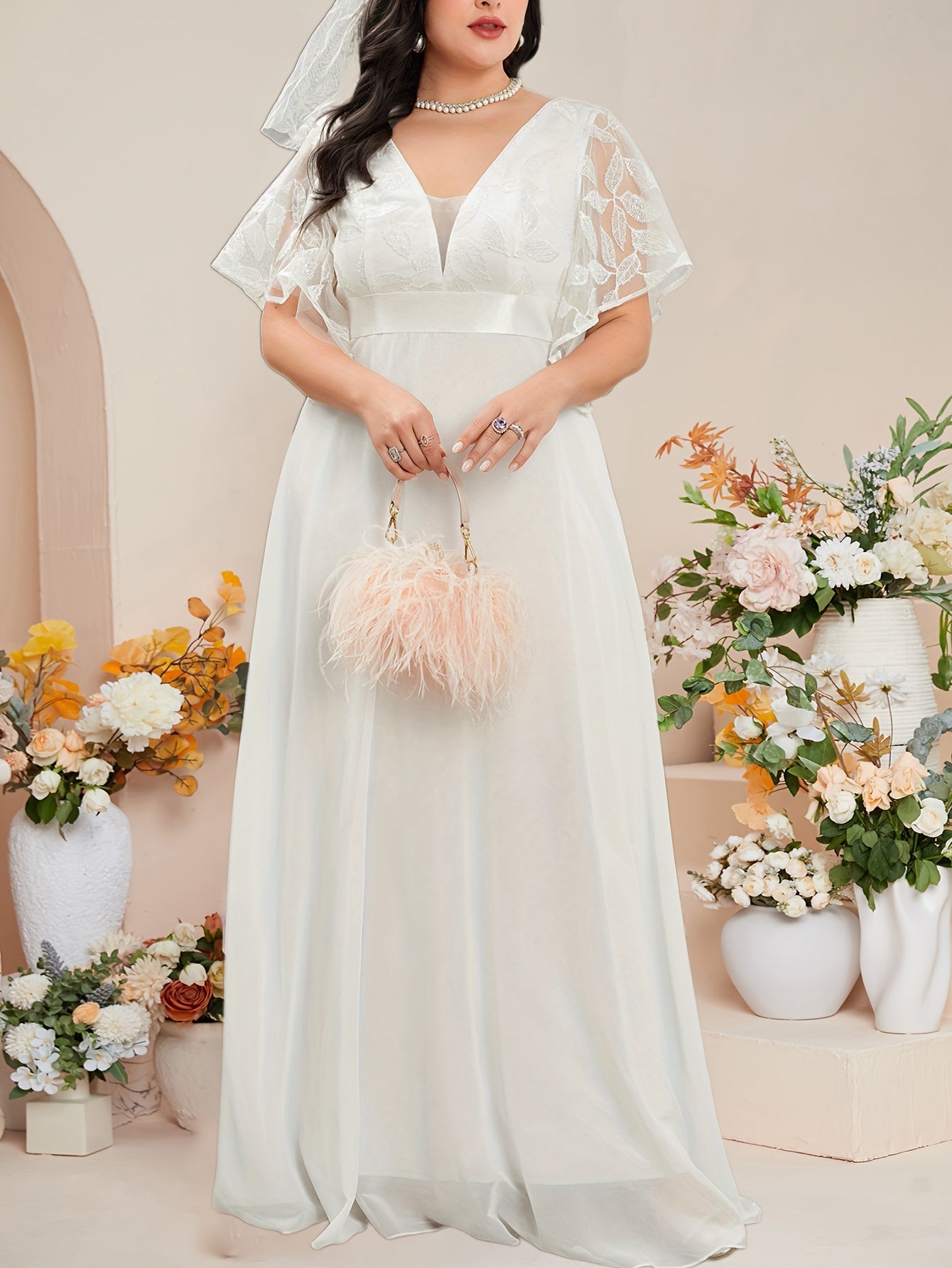 VougeVamp Elegant Plus-Size White Chiffon Wedding Gown with Deep V-Neck - Floral Lace Sleeves Flowing Bridal Dress - VougeVampUK
