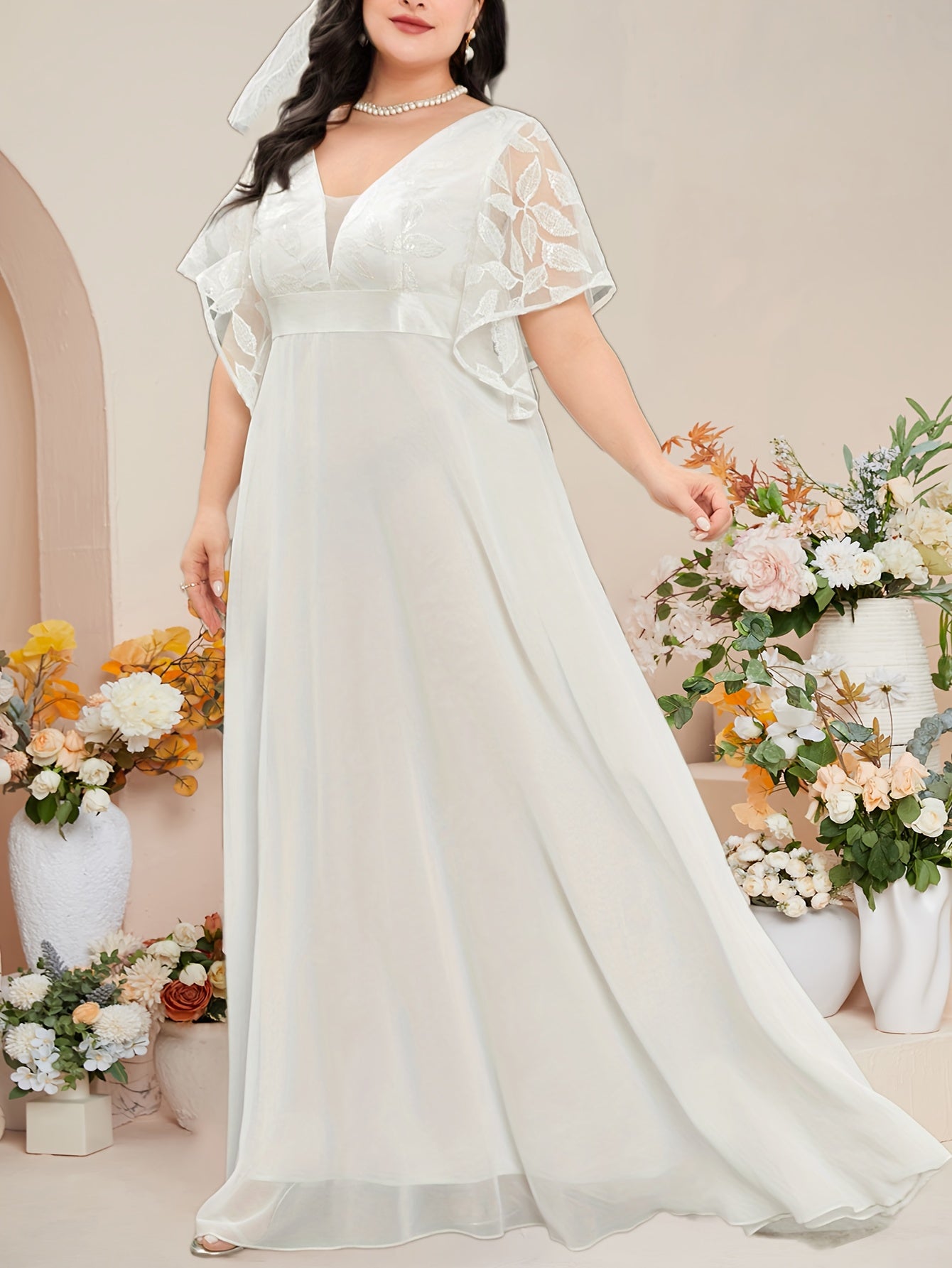 VougeVamp Elegant Plus-Size White Chiffon Wedding Gown with Deep V-Neck - Floral Lace Sleeves Flowing Bridal Dress - VougeVampUK