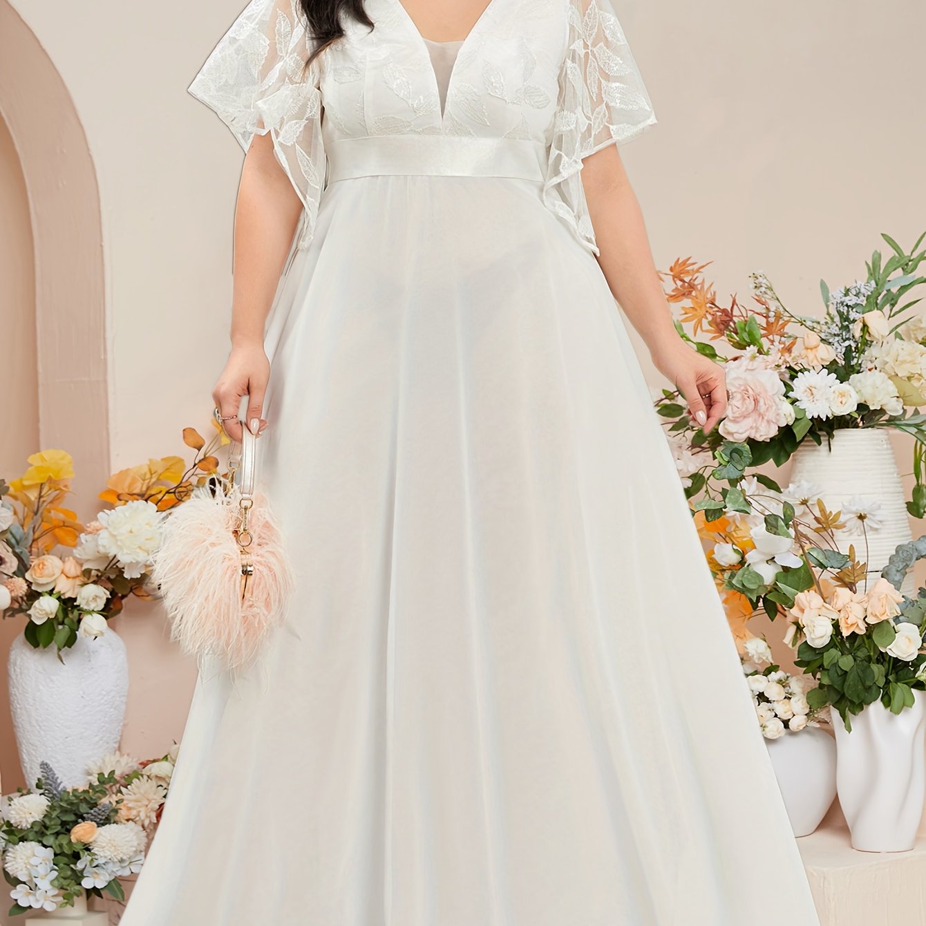 VougeVamp Elegant Plus-Size White Chiffon Wedding Gown with Deep V-Neck - Floral Lace Sleeves Flowing Bridal Dress - VougeVampUK