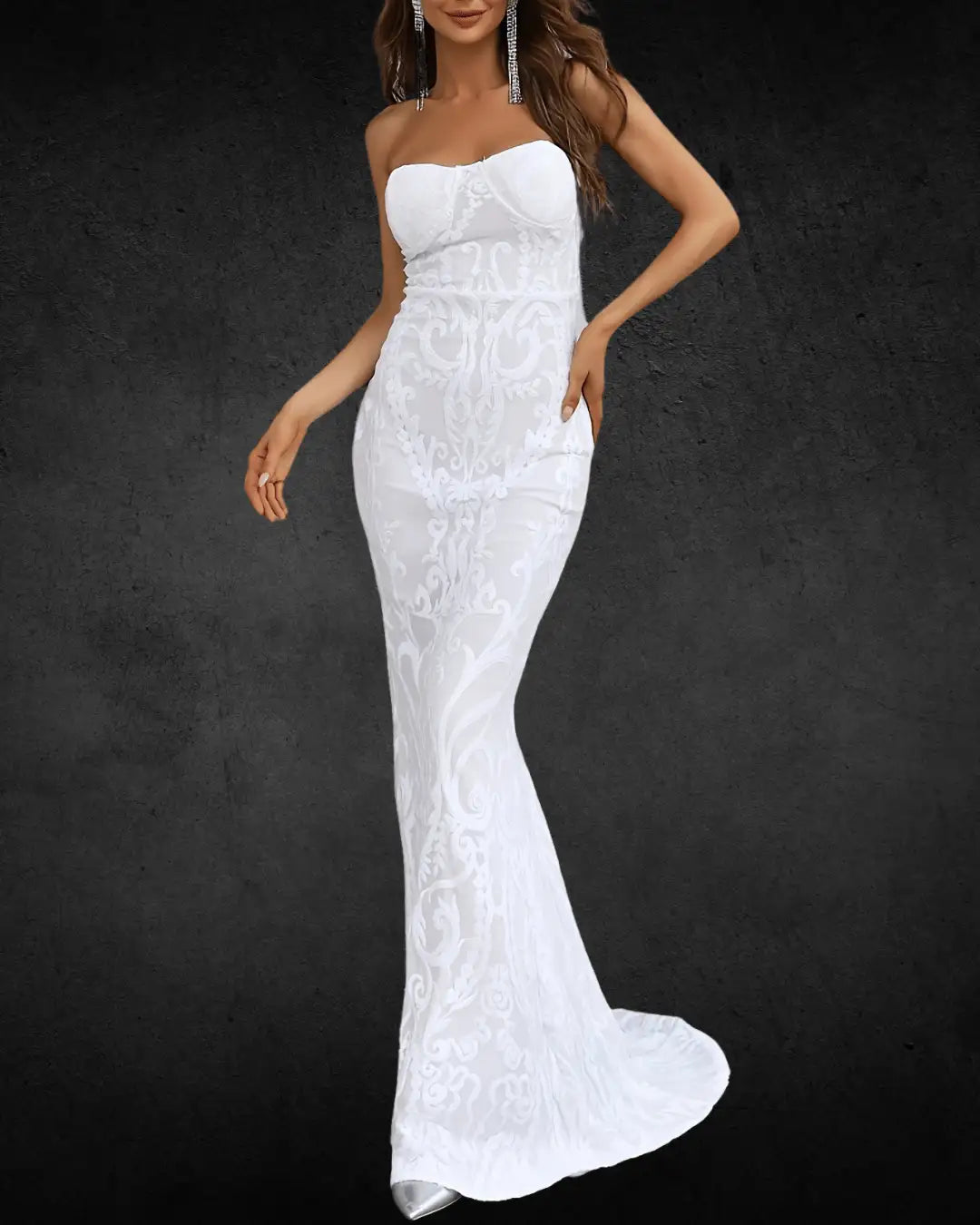 Elegant Off-Shoulder Sequin Bridal Gown – Fitted Polyester Wedding Dress with Zipper Detail - VougeVampUK