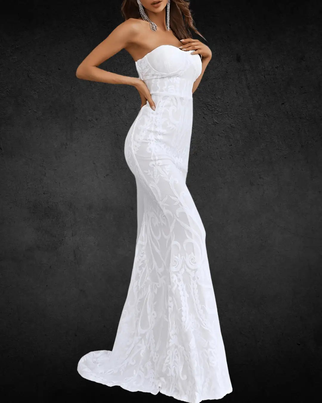 Elegant Off-Shoulder Sequin Bridal Gown – Fitted Polyester Wedding Dress with Zipper Detail - VougeVampUK