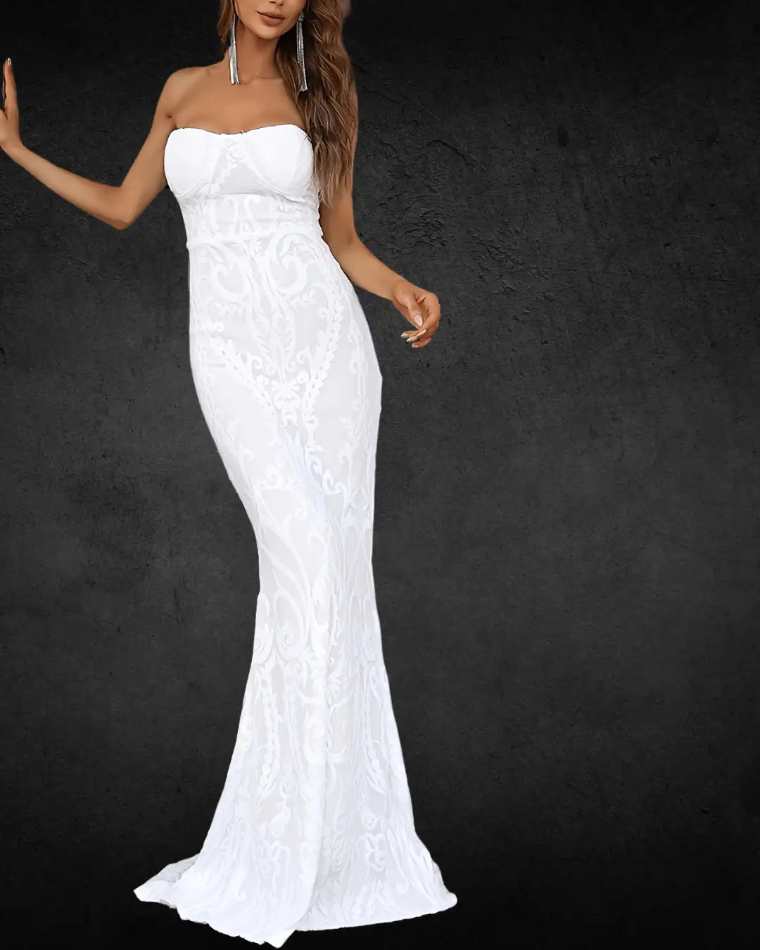 Elegant Off-Shoulder Sequin Bridal Gown – Fitted Polyester Wedding Dress with Zipper Detail - VougeVampUK